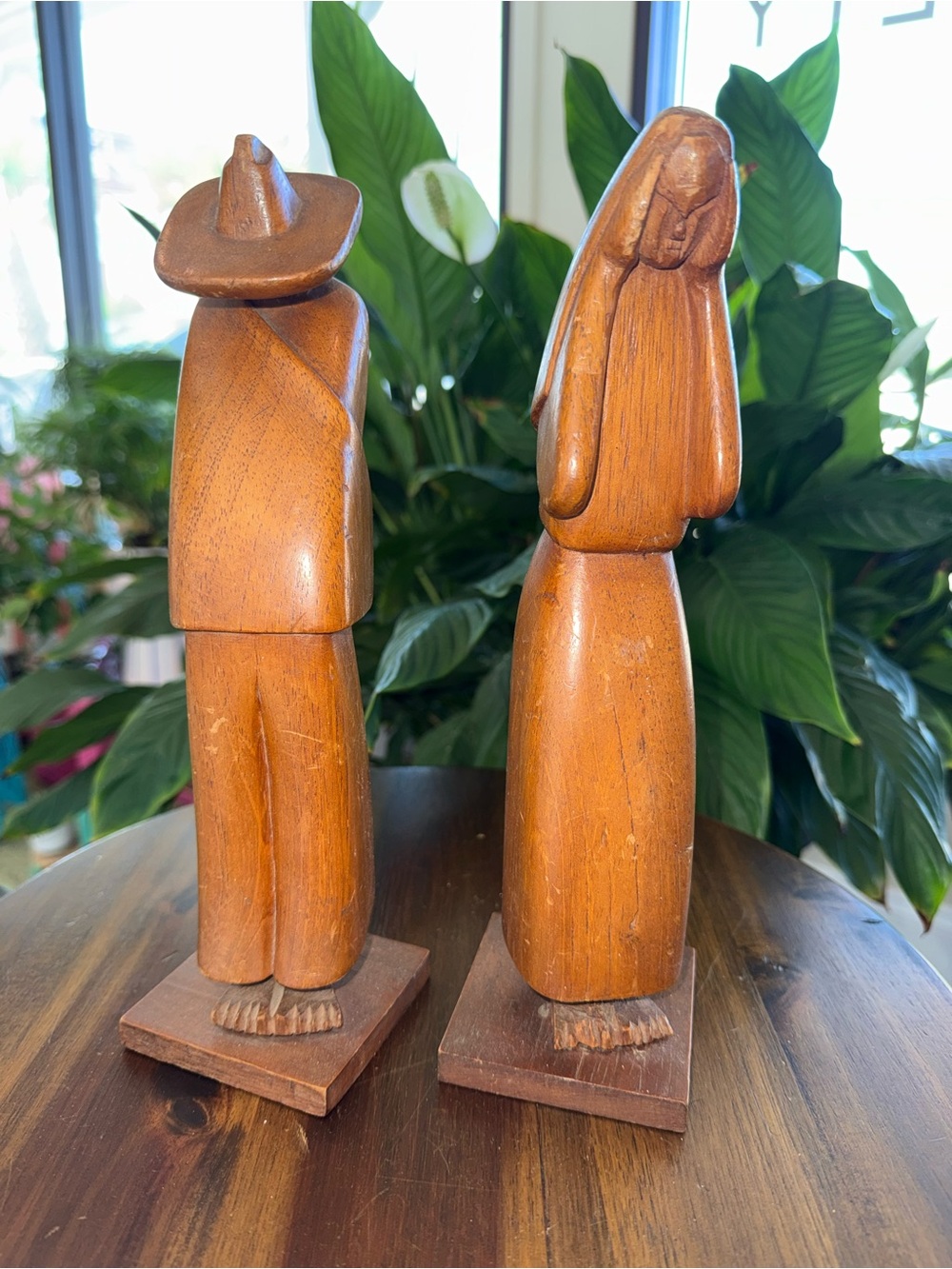 Hand-Carved Wooden Figurine Pair - Brown Home Art